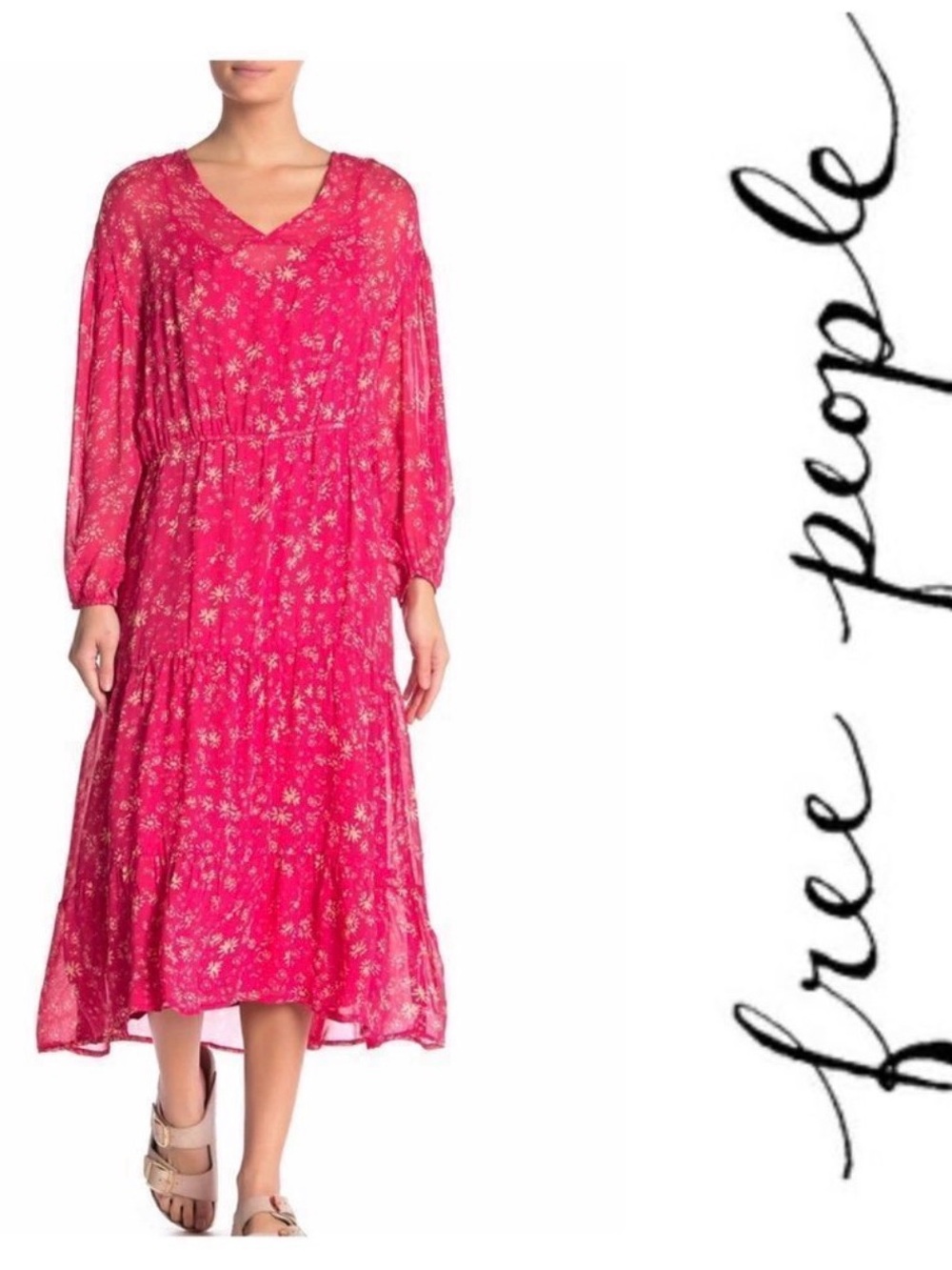 NWT Free People Hot Pink Floral V-Neck Tiered Long Sleeve Midi Dress S